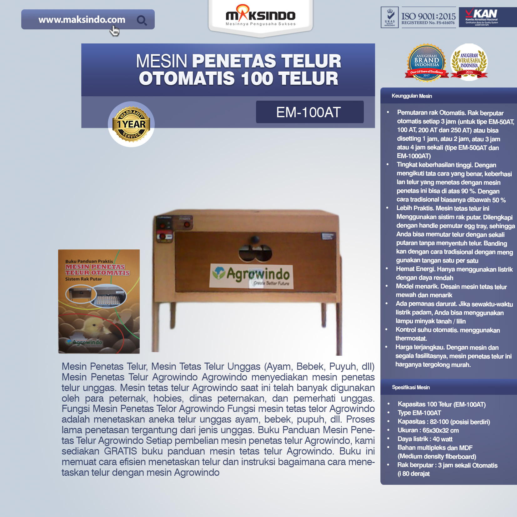 Jual Mesin Penetas Telur Otomatis 100 Telur (EM-100AT) di Yogyakarta