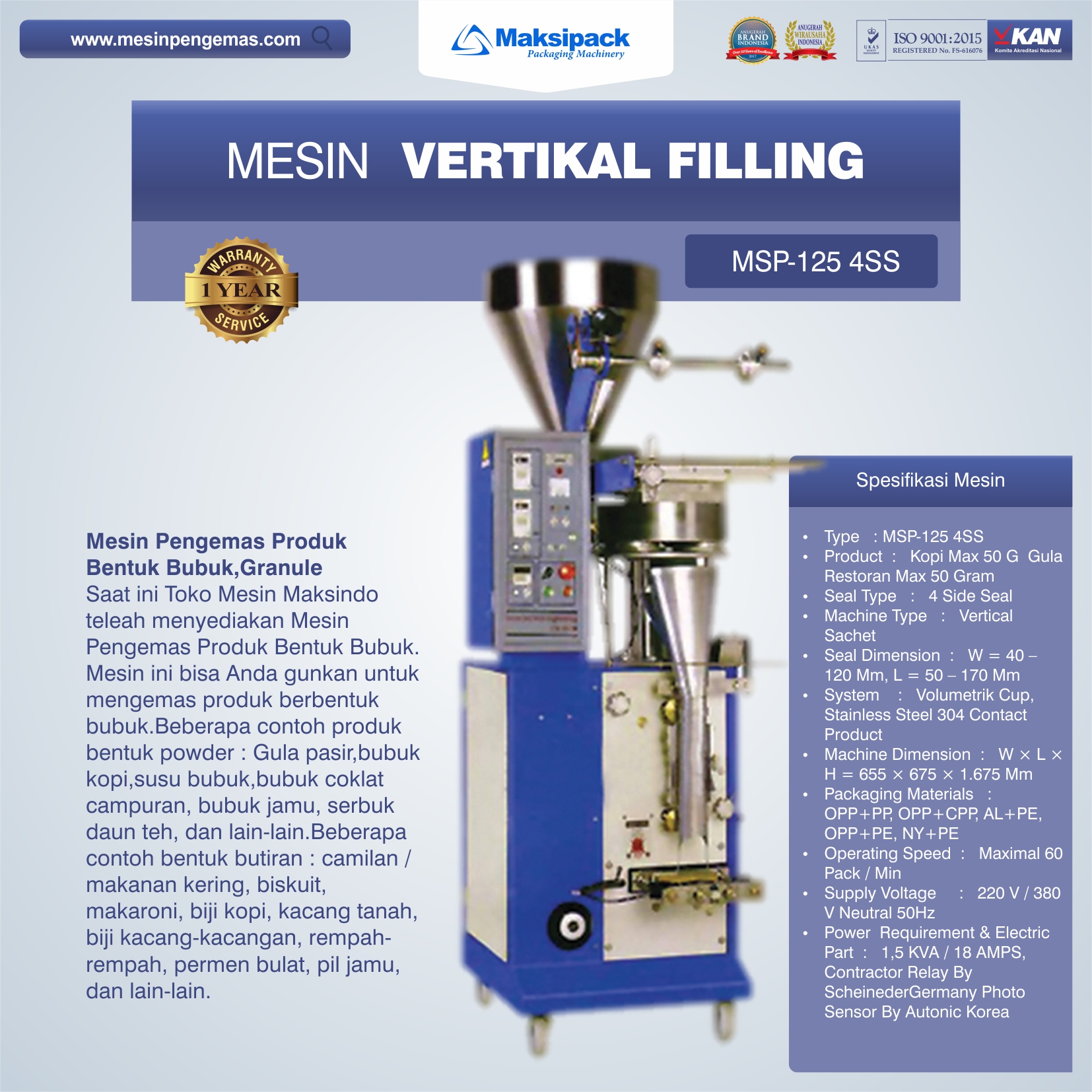 Jual Mesin Vertikal Filling (MSP-125 4SS) di Yogyakarta