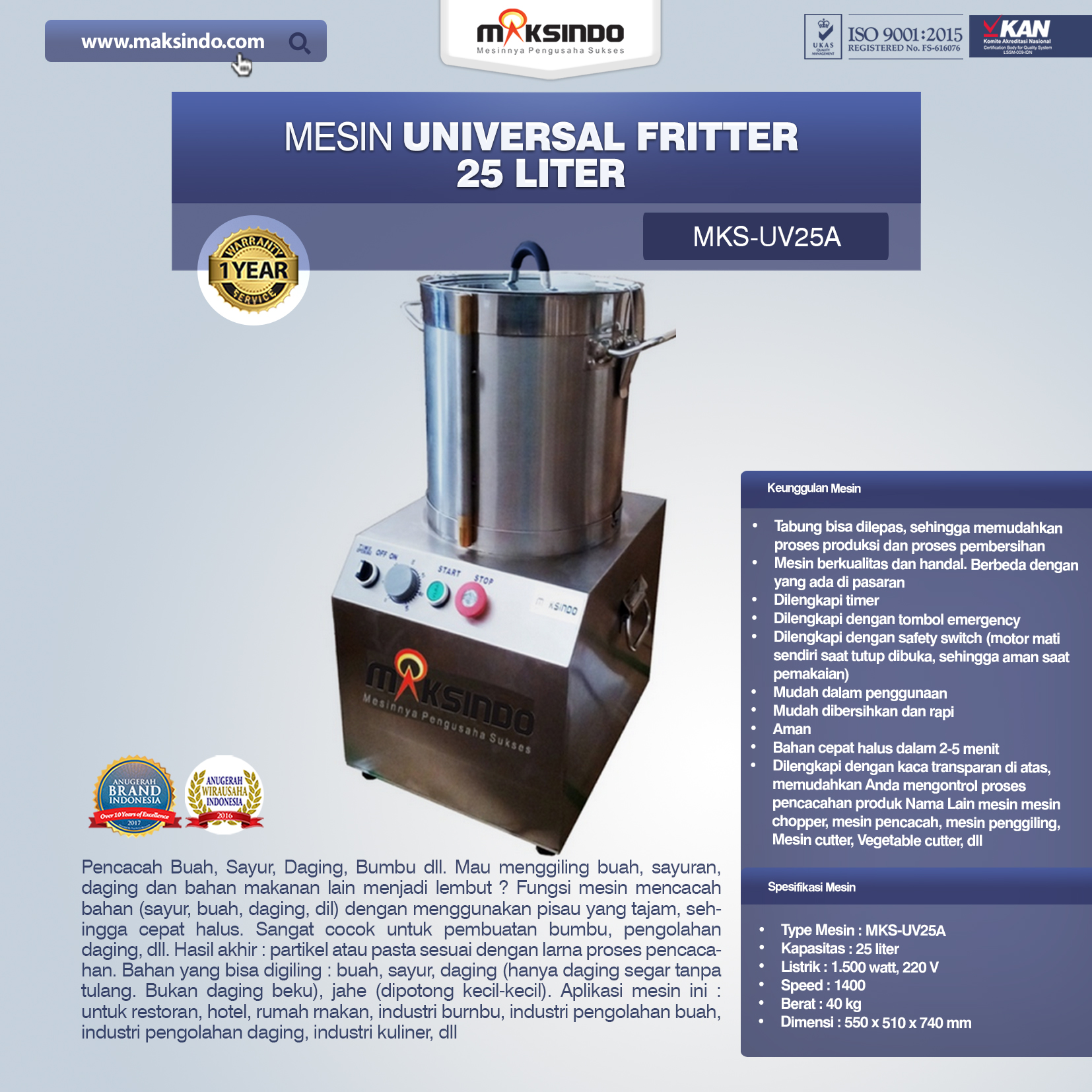 Jual Universal Fritter 25 Liter (MKS-UV25A) di Yogyakarta