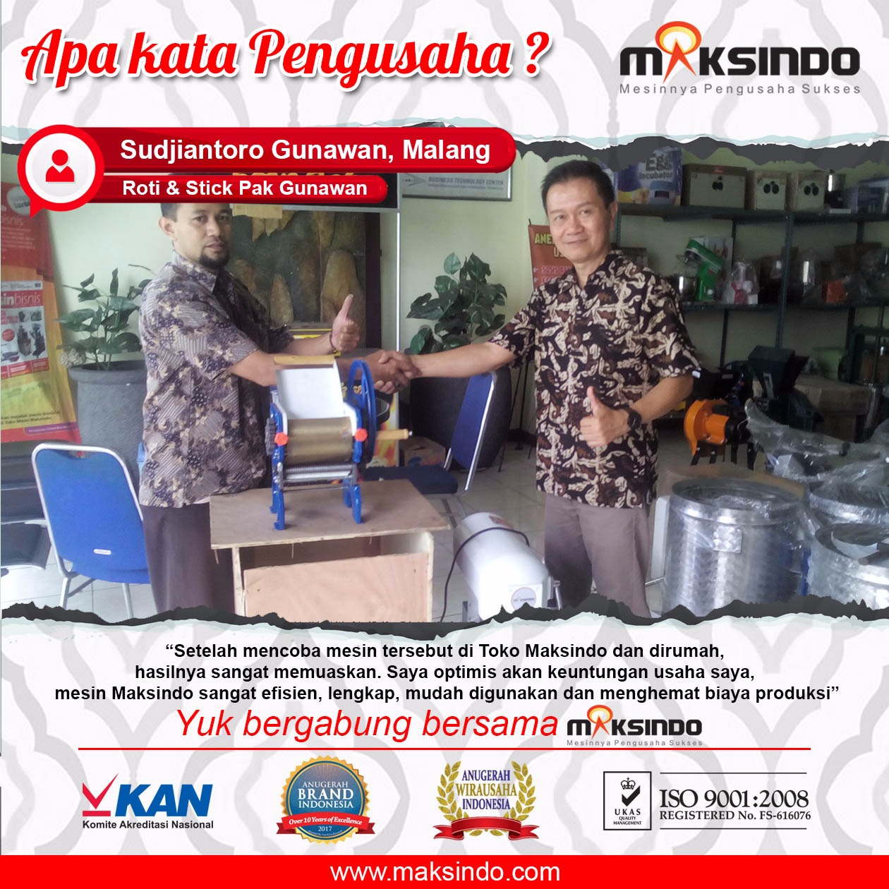 Roti dan Stick Pak Gunawan : Hasil Produk Memuaskan Berkat Mesin Cetak Mie Maksindo