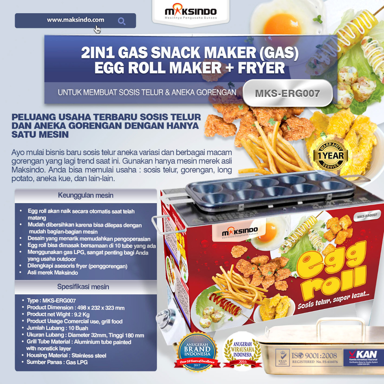 Jual Mesin Egg Roll Gas 2in1 Plus Fryer ERG007 Maksindo di Yogyakarta