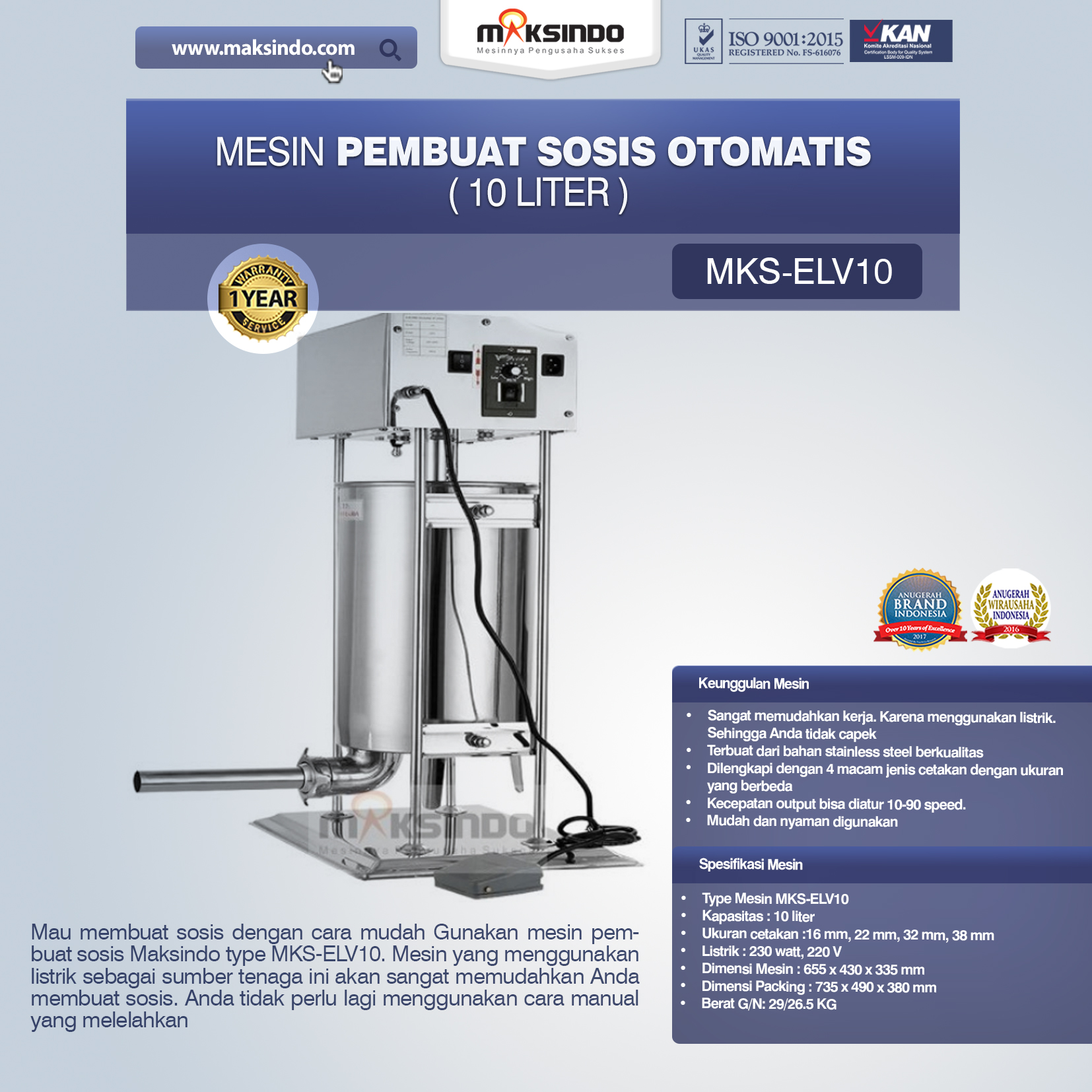 Jual Mesin Pembuat Sosis Otomatis (MKS-ELV10) di Yogyakarta