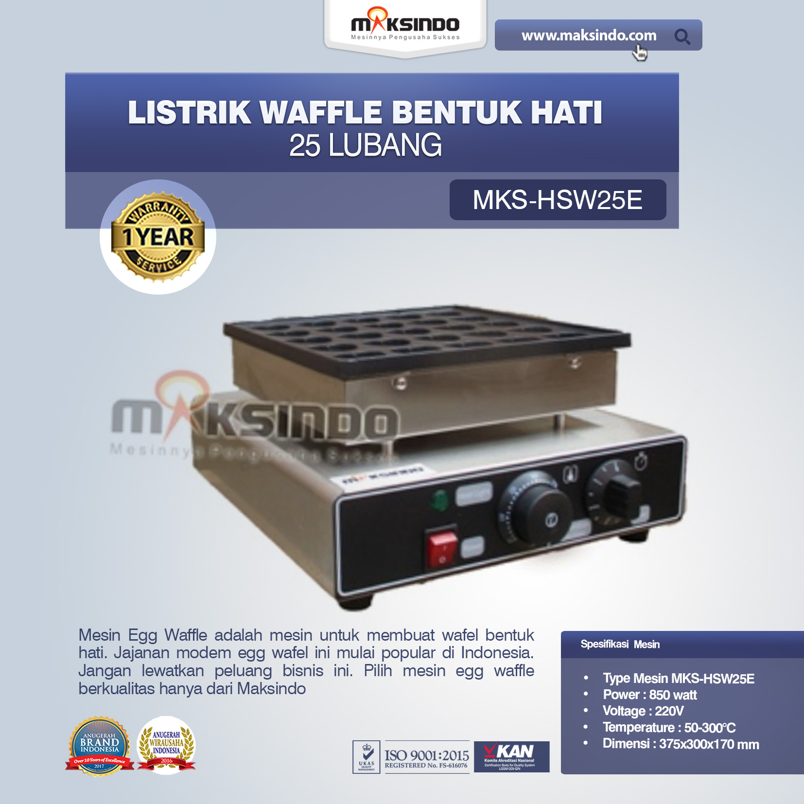 Jual Listrik Waffle Bentuk Hati 25 Lubang MKS-HSW25E di Yogyakarta