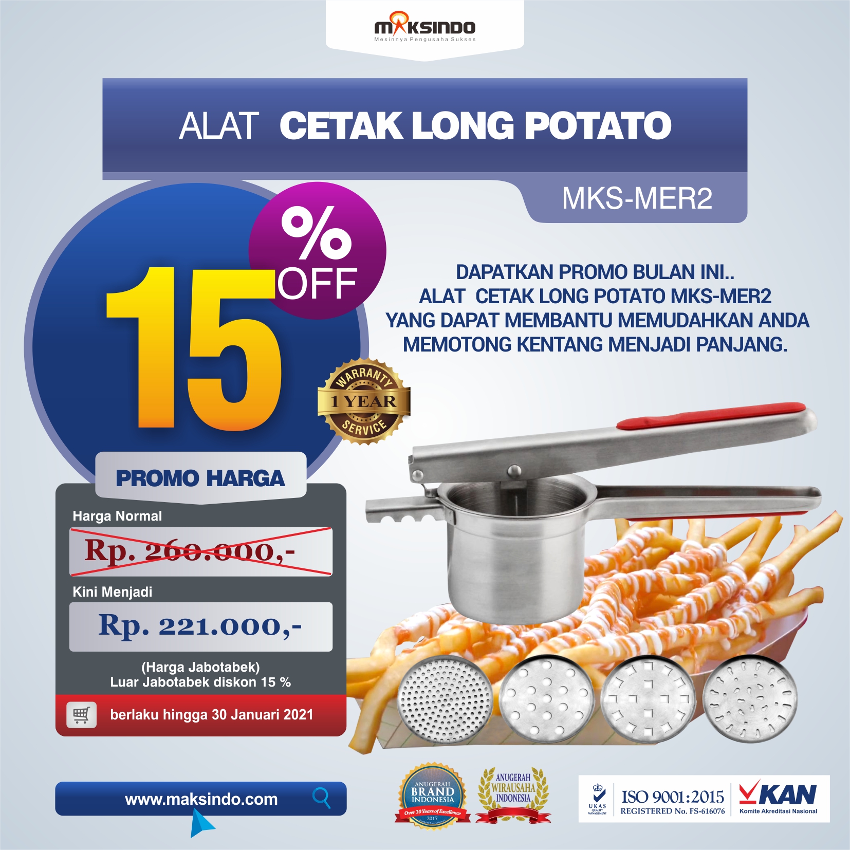 Jual Alat Cetak Long Potato MKS-MER2 di Yogyakarta