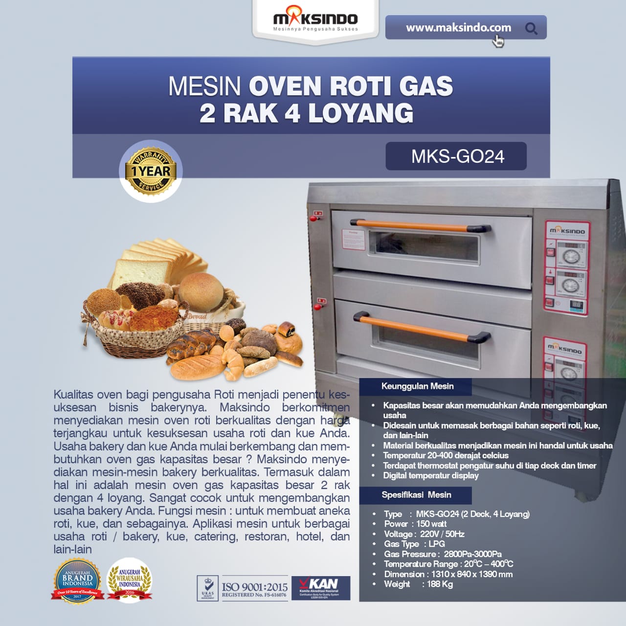 Jual Mesin Oven Roti Gas 2 Rak 4 Loyang (GO24) di Yogyakarta