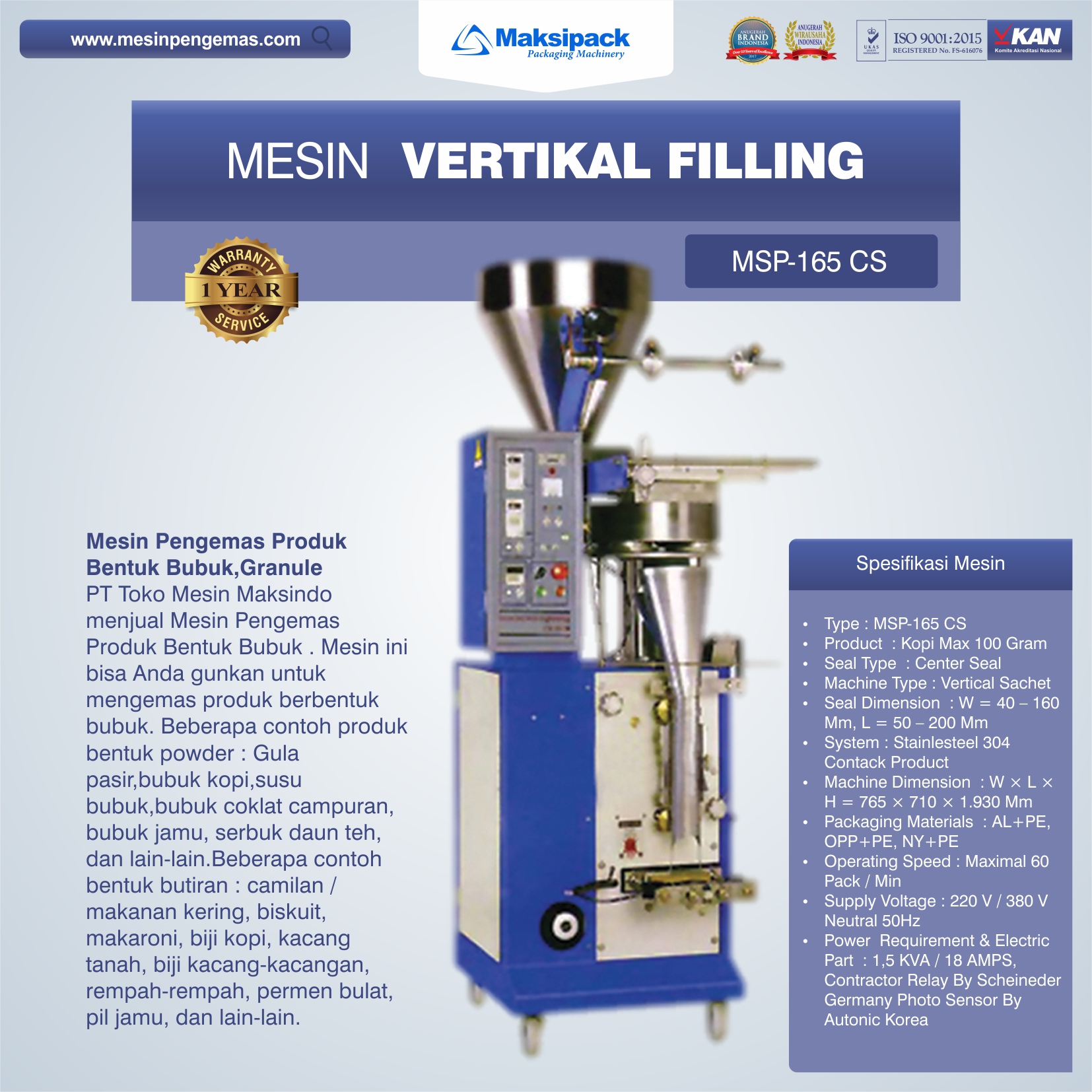Jual Mesin Vertikal Filling (MSP-165 CS) di Yogyakarta