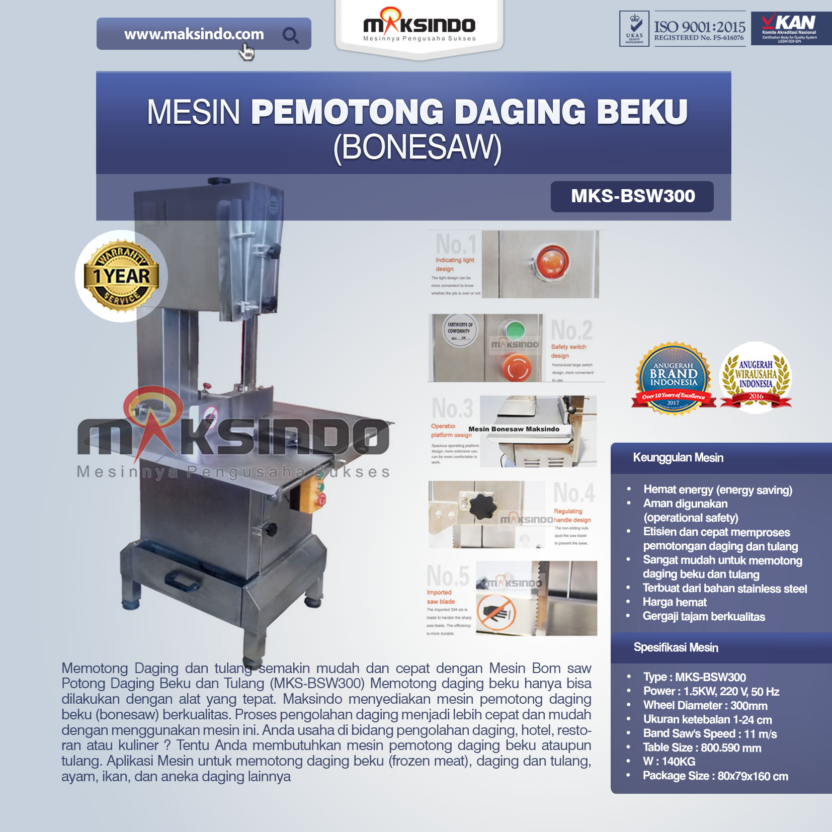 Jual Mesin Mesin Bonesaw Potong Daging Beku dan Tulang (MKS-BSW300) di Yogyakarta