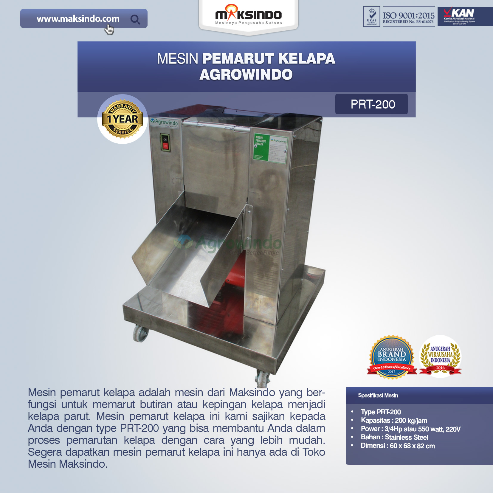 Jual Mesin Pemarut Kelapa PRT-200 di Yogyakarta