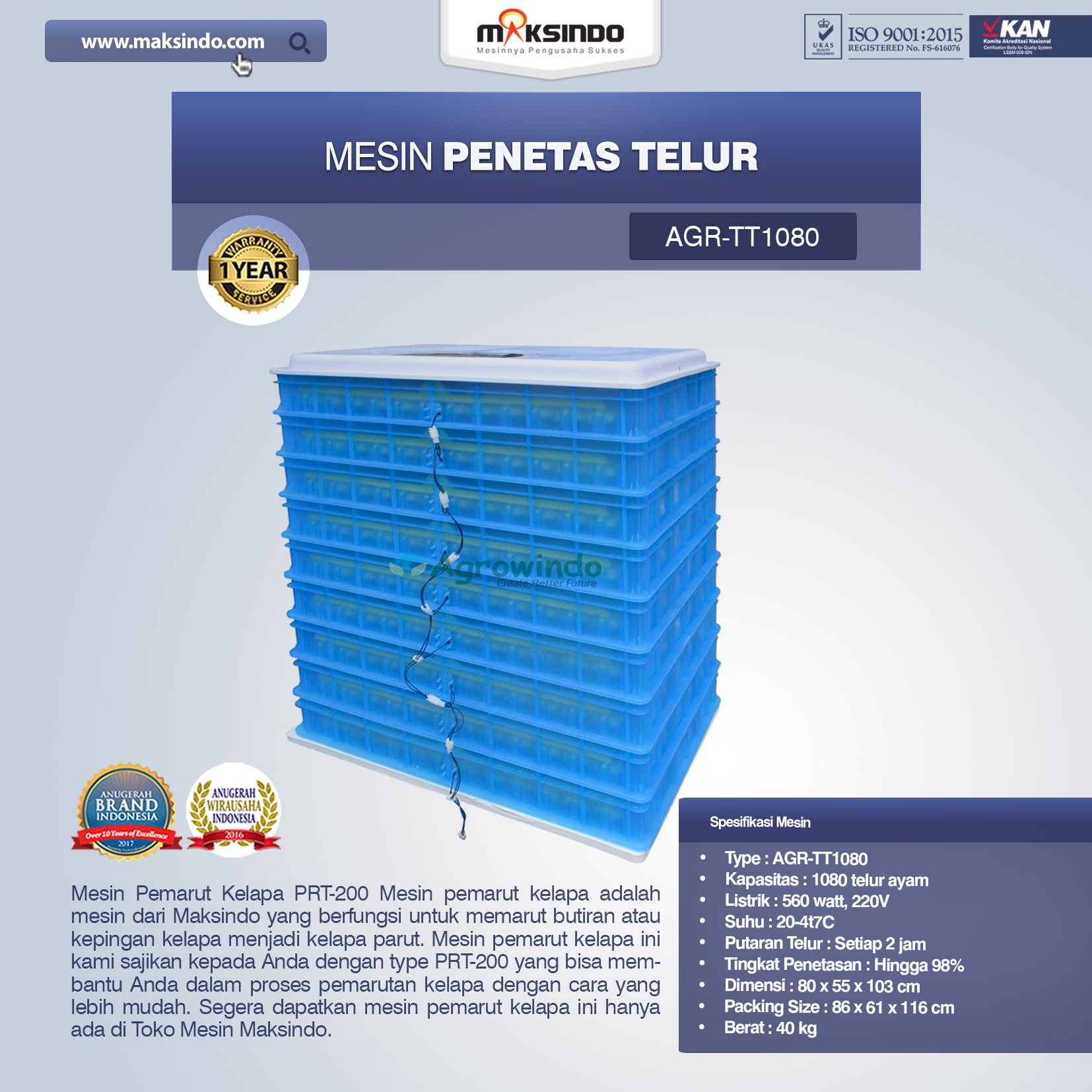 Jual Mesin Penetas Telur AGR-TT1080 di Yogyakarta