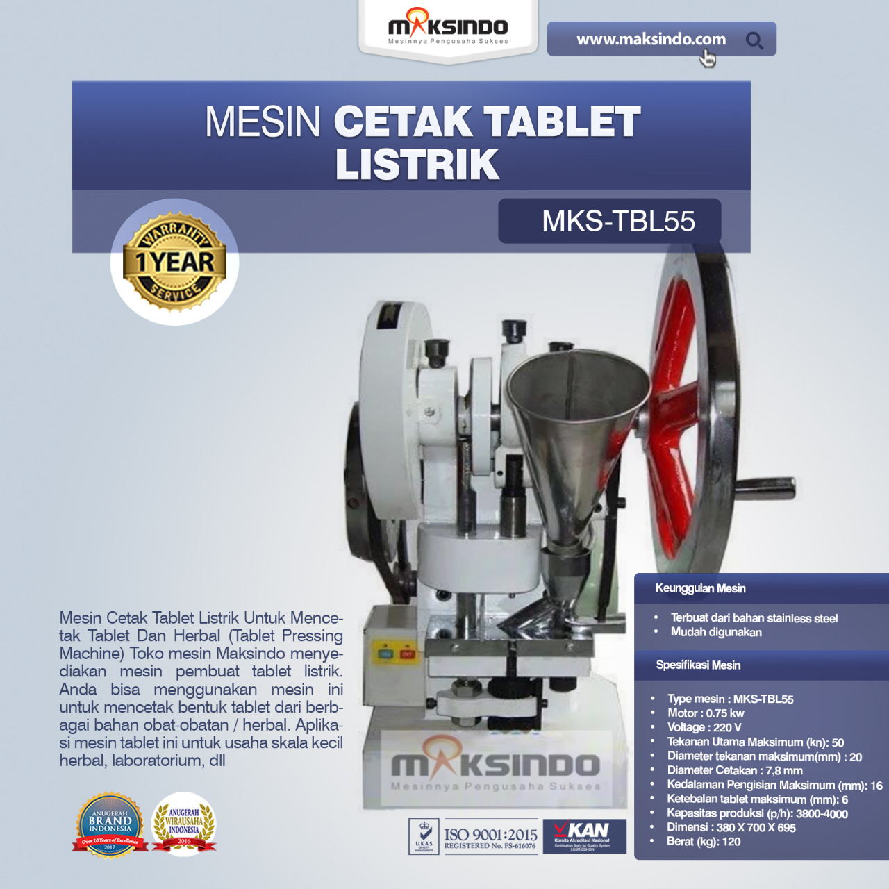 Jual Mesin Cetak Tablet Listrik – TBL55 di Yogyakarta