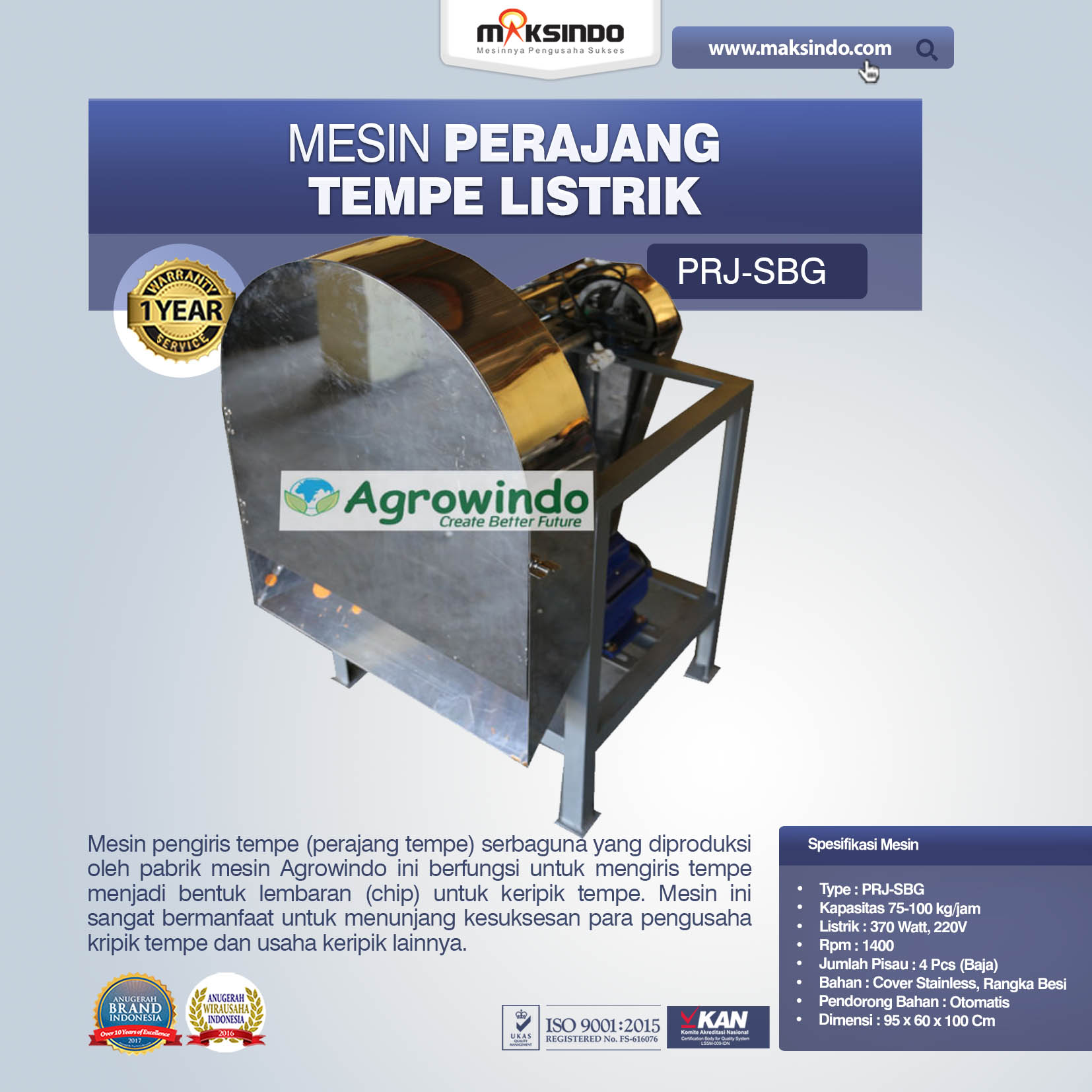 Jual Mesin Perajang Tempe Listrik PRJ-SBG di Yogyakarta