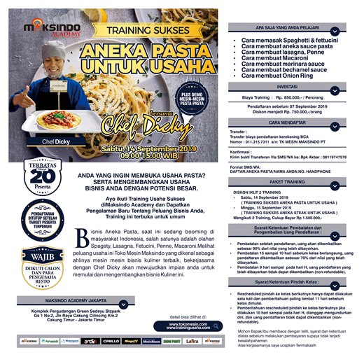 Training Sukses  Aneka Pasta Untuk Usaha, Sabtu, 14 September 2019