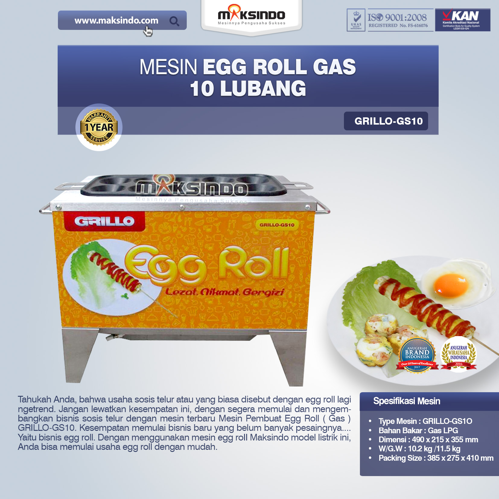 Jual Egg Roll Gas 10 Lubang GRILLO-GS10 di Yogyakarta