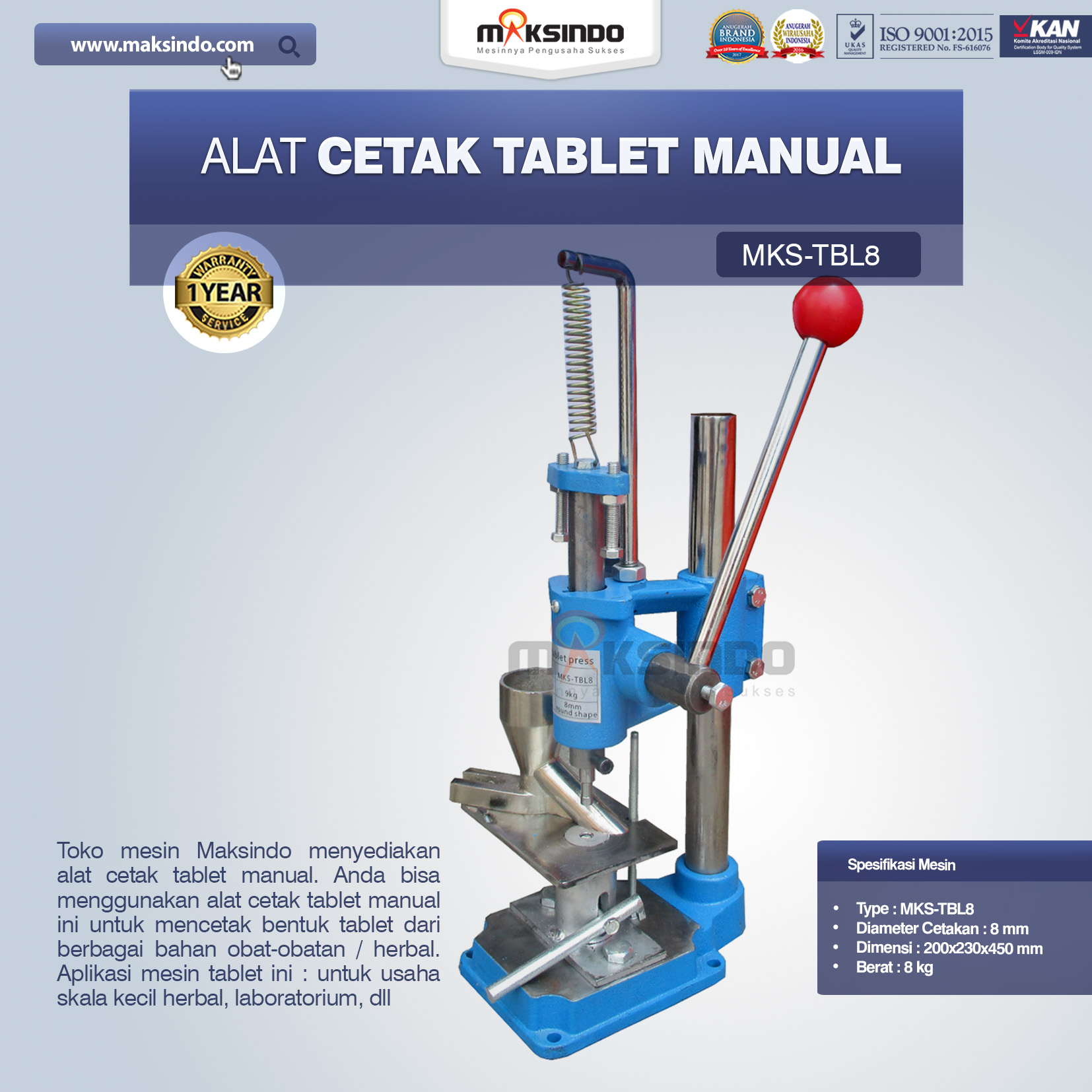 Jual Alat Cetak Tablet Manual MKS-TBL8 di Yogyakarta