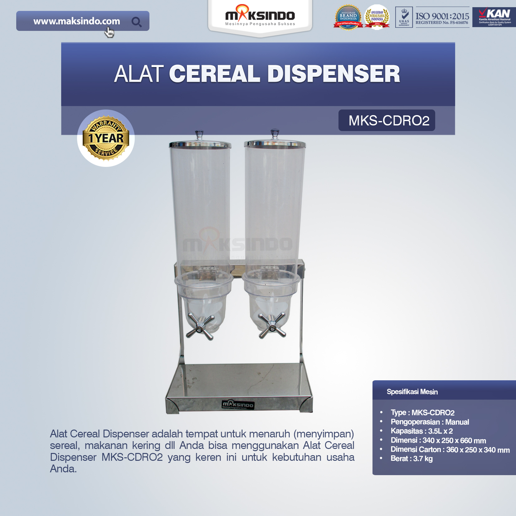 Jual Alat Cereal Dispenser MKS-CDR02 di Yogyakarta