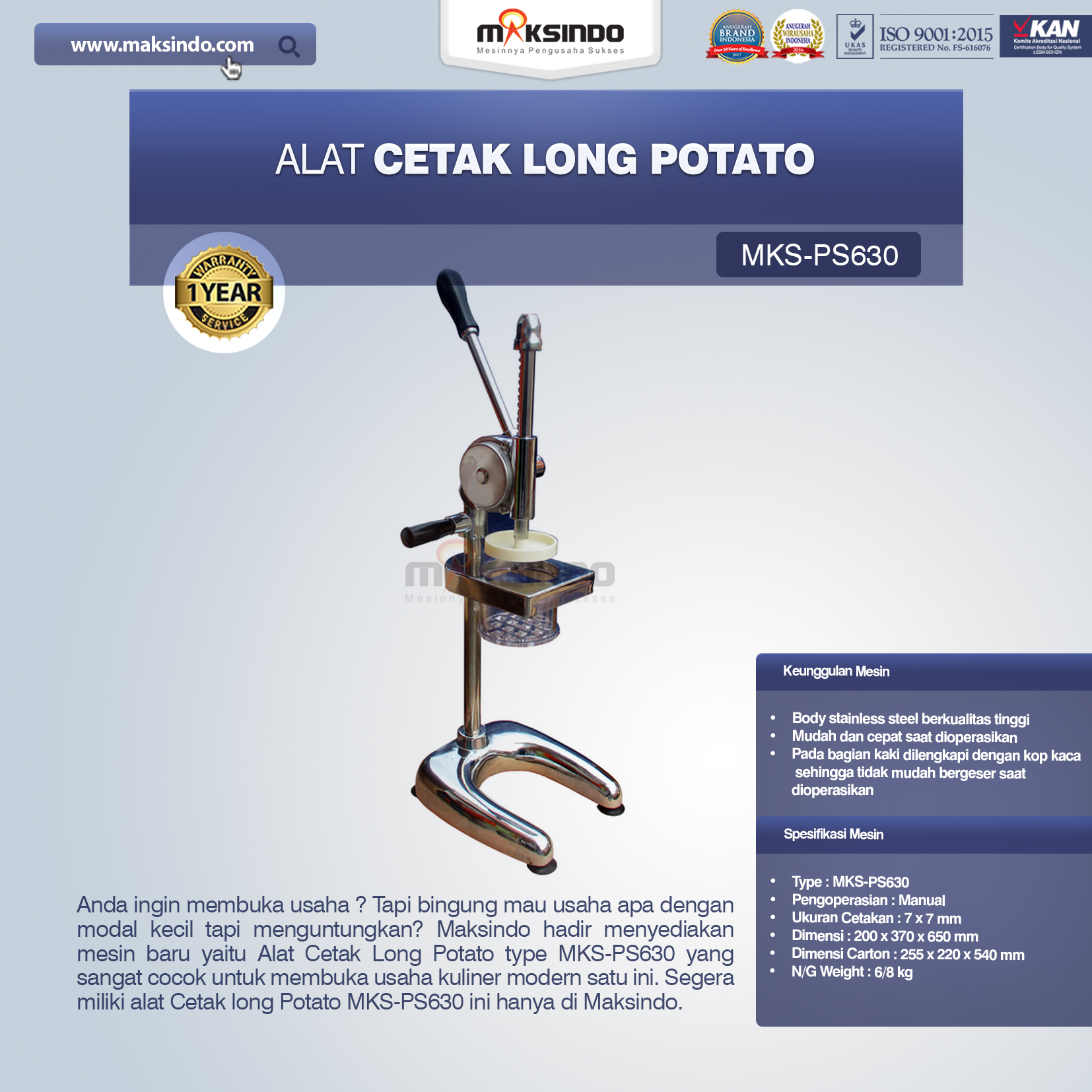 Jual Alat Cetak Long Potato MKS-PS630 di Yogyakarta