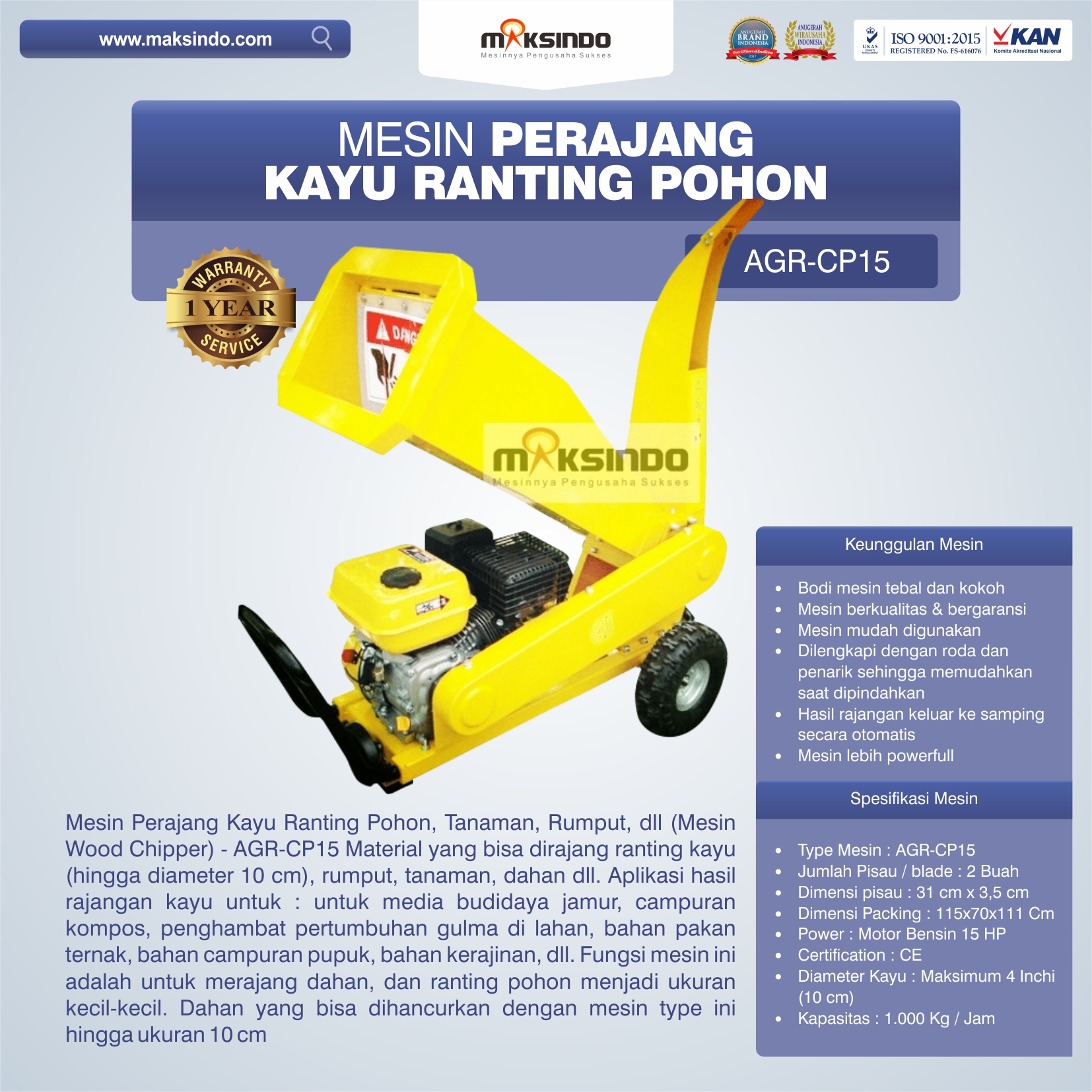 Jual Mesin Perajang Kayu Ranting Pohon – AGR-CP15 di Yogyakarta