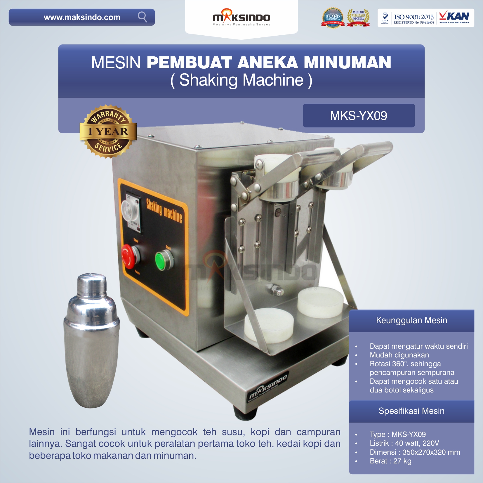 Jual Mesin Pembuat Aneka Minuman (Shaking Machine) MKS-YX09 di Yogyakarta