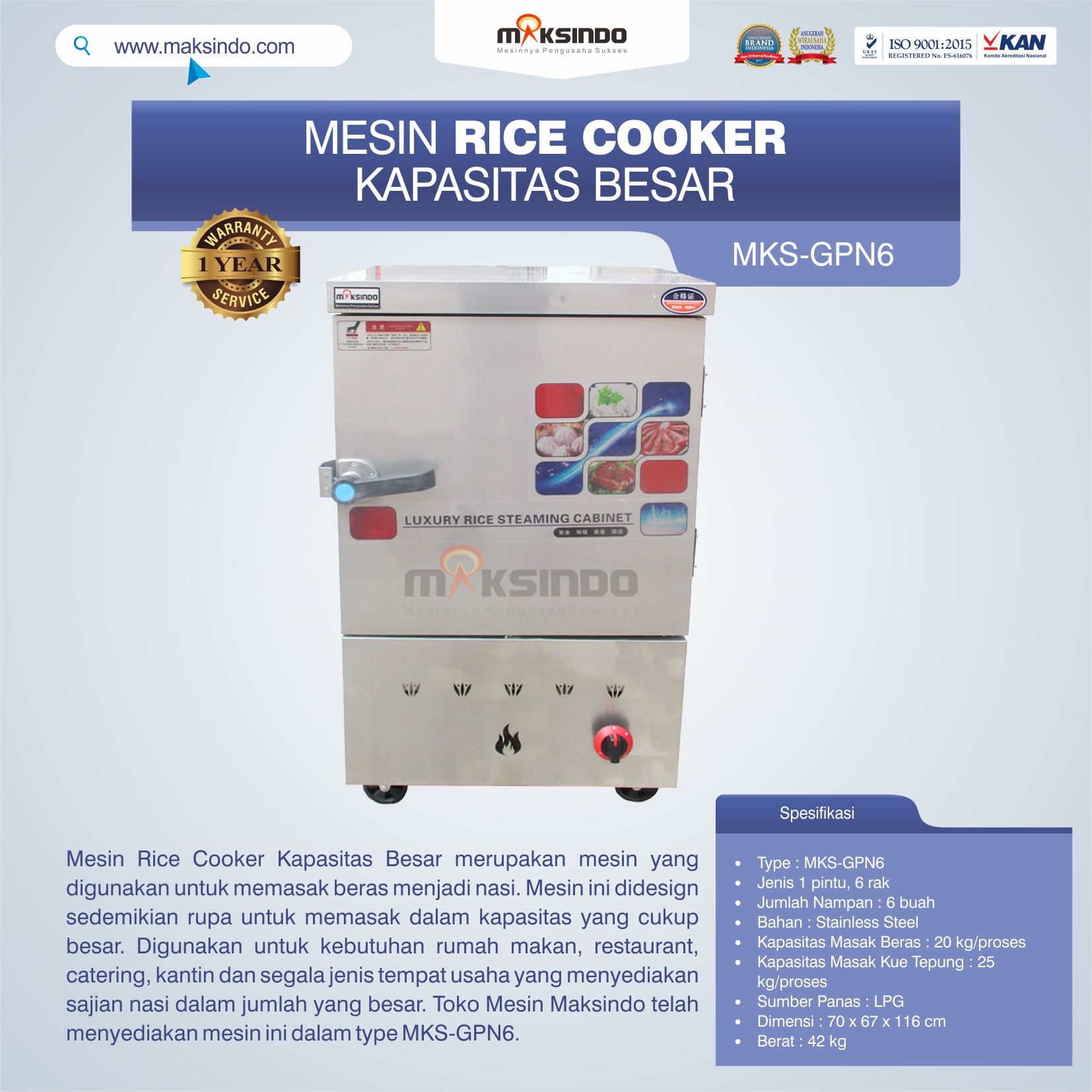 Jual Mesin Rice Cooker Kapasitas Besar MKS-GPN6 di Yogyakarta