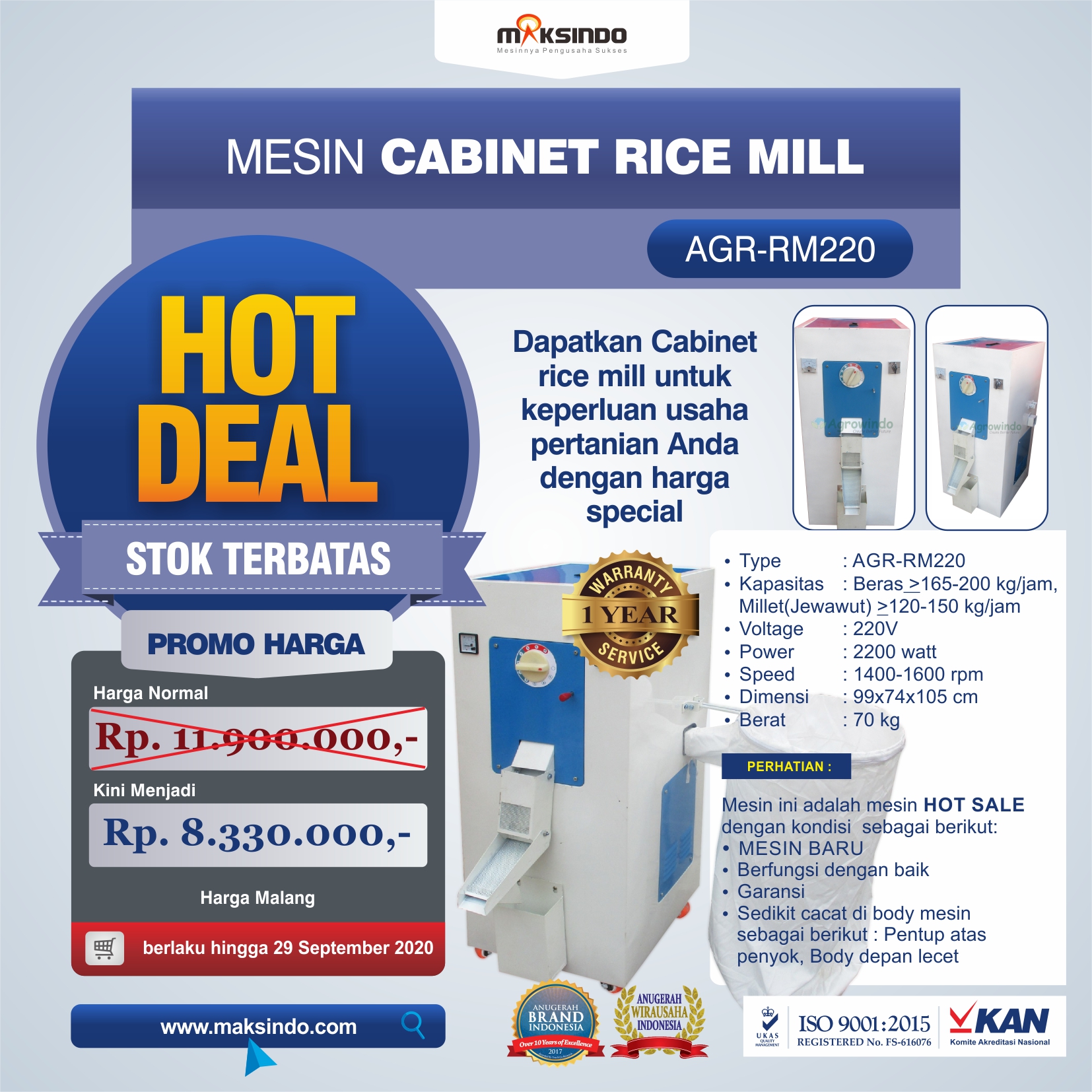 Jual Mesin Cabinet Rice Mill AGR-RM220 di Yogyakarta