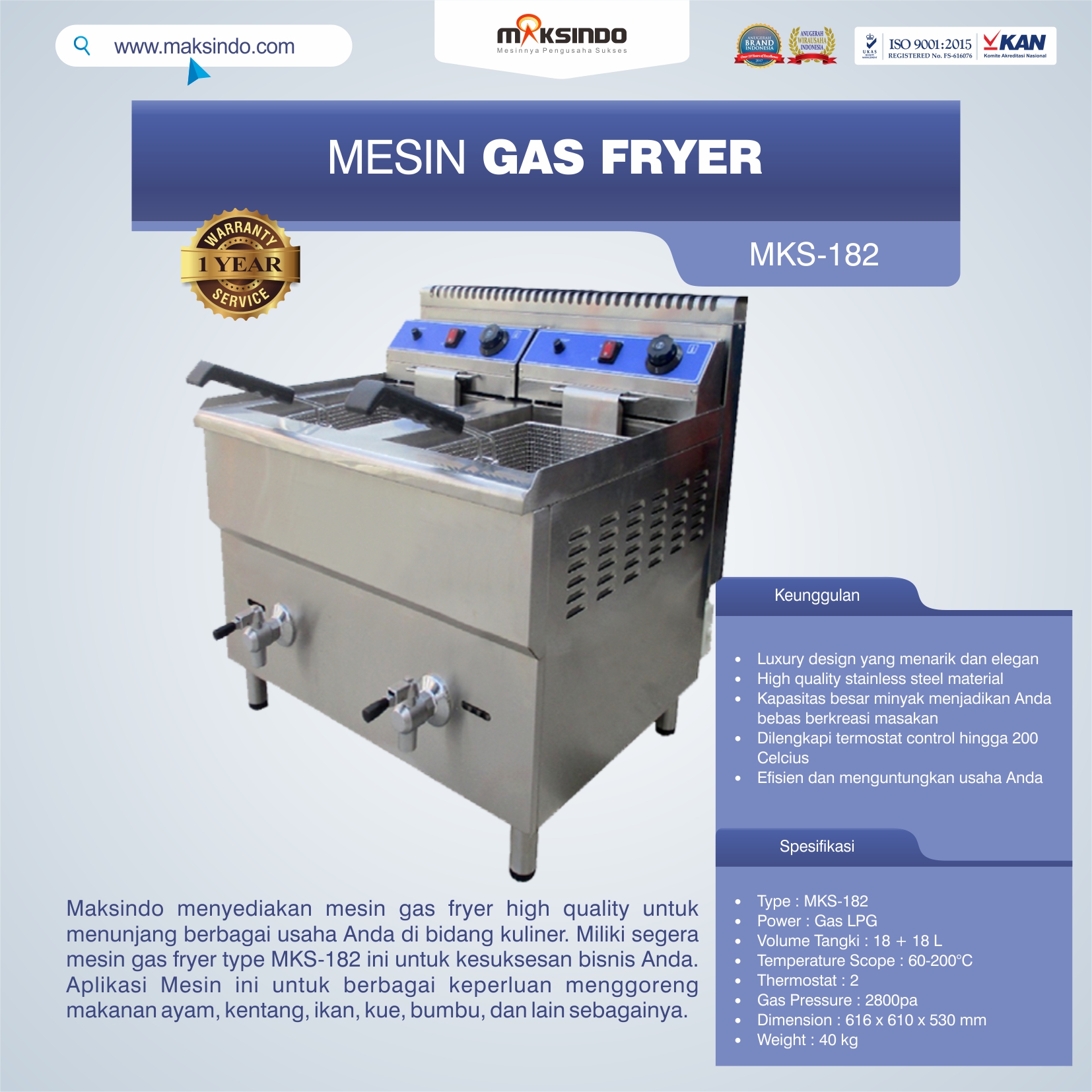 Jual Mesin Gas Fryer 34 Liter (MKS-182) di Yogyakarta