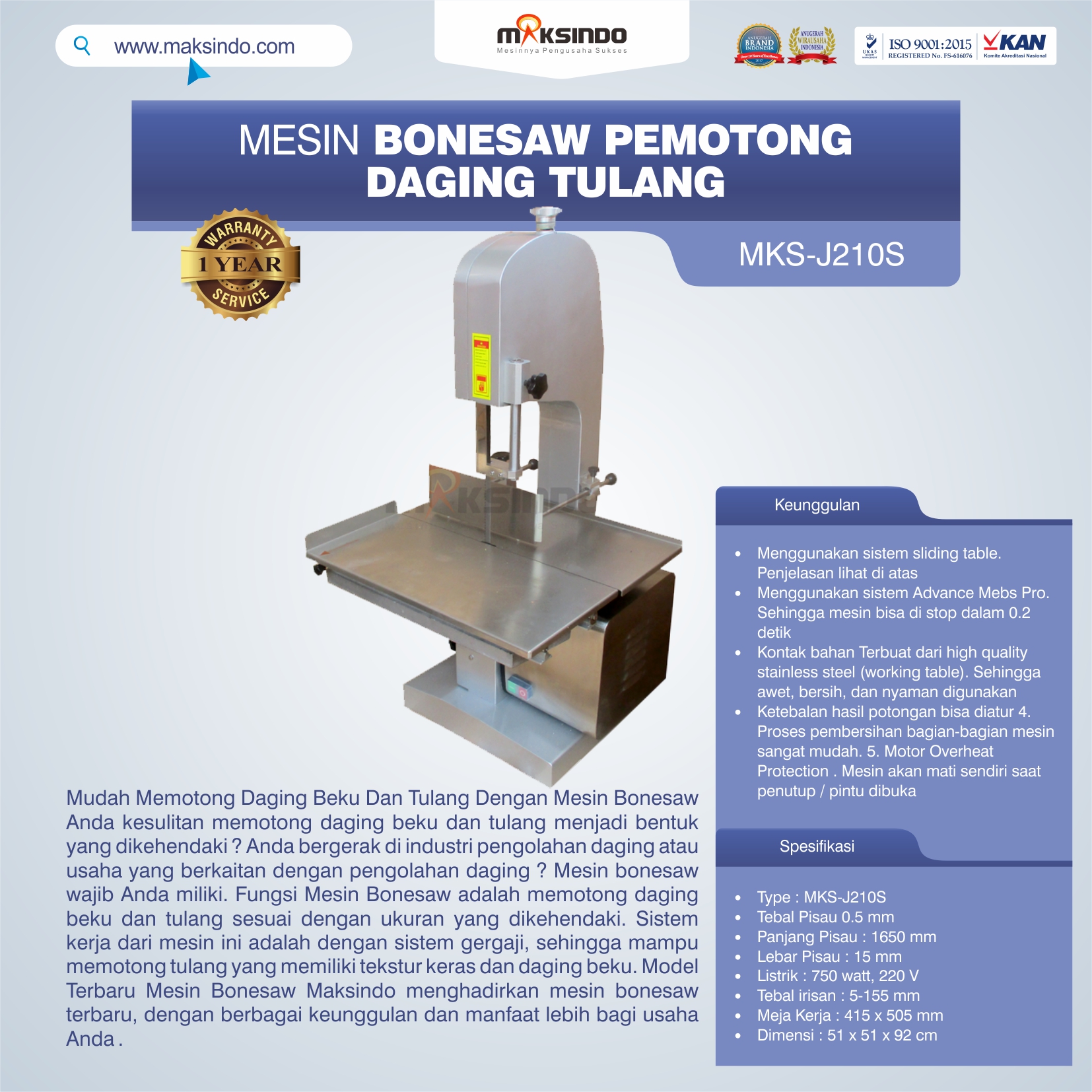 Jual Mesin Bonesaw Pemotong Daging Tulang (MKS-J210S) di Yogyakarta