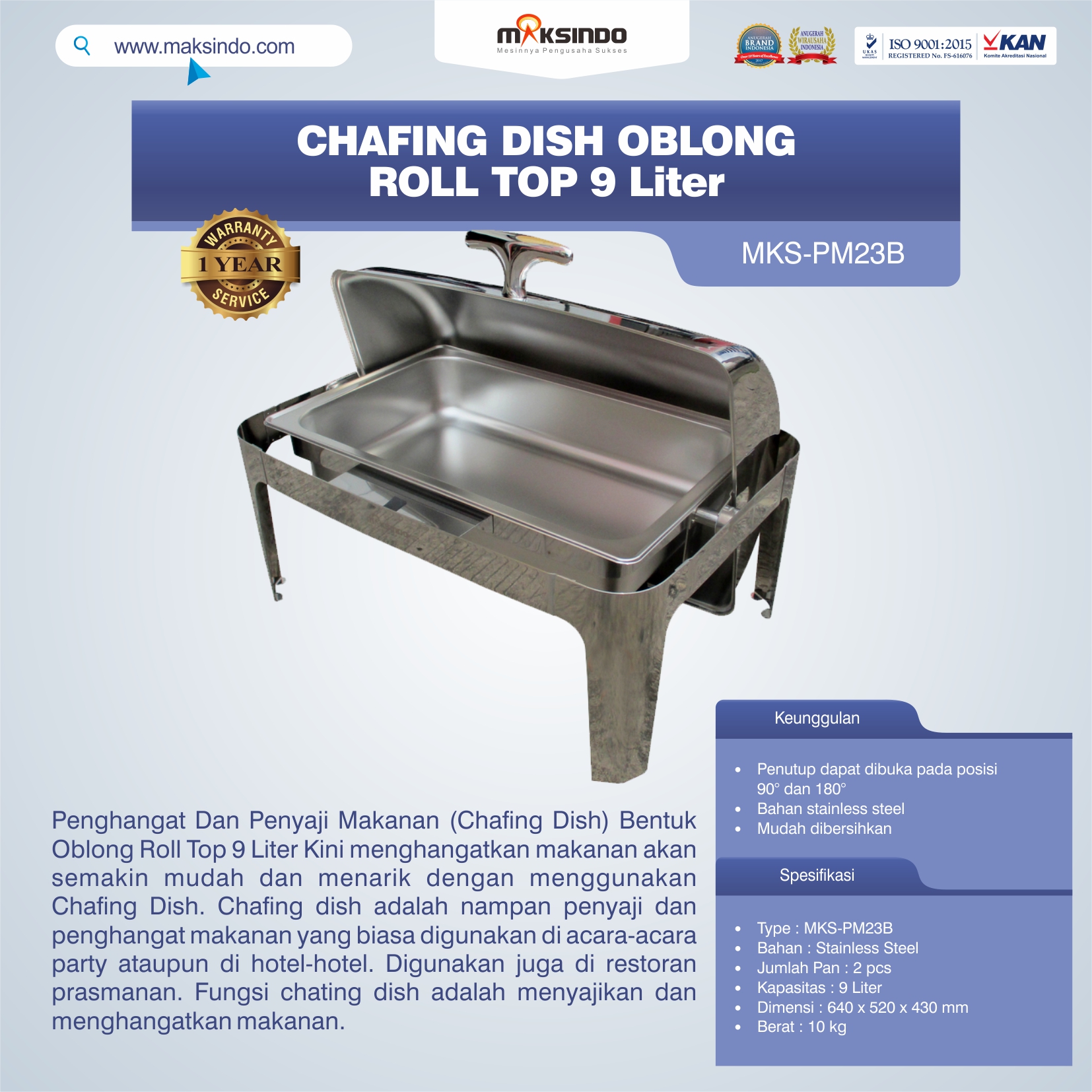 Jual Chafing Dish Oblong Roll Top – 9 Liter di Yogyakarta
