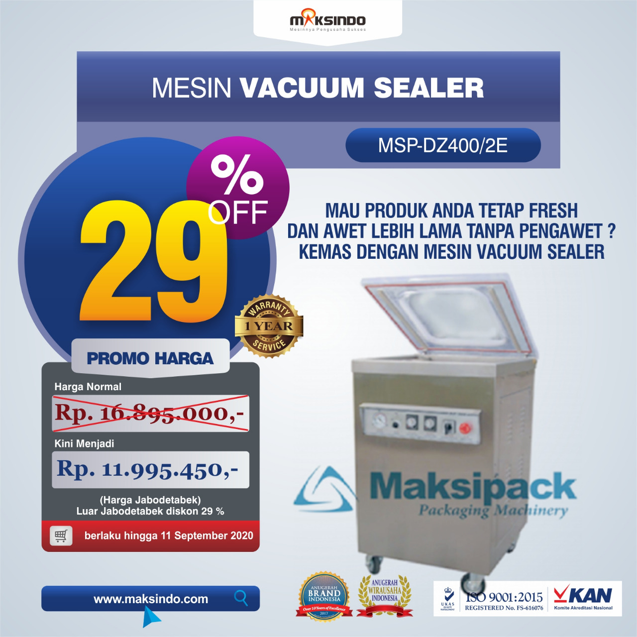Jual Mesin Vacuum Sealer Type MSP-DZ400/2 E di Yogyakarta