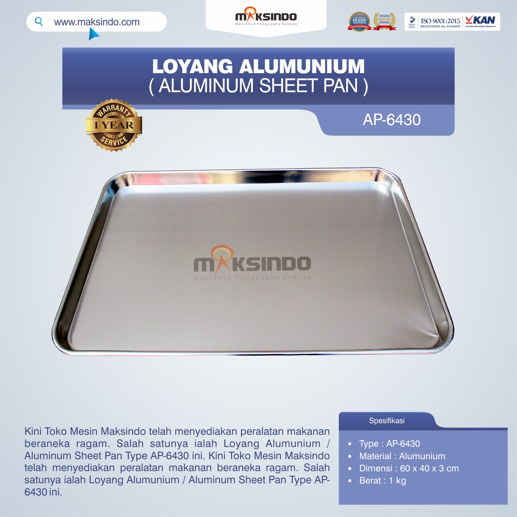 Jual Loyang Alumunium / Aluminum Sheet Pan Type AP-6430 di Yogyakarta