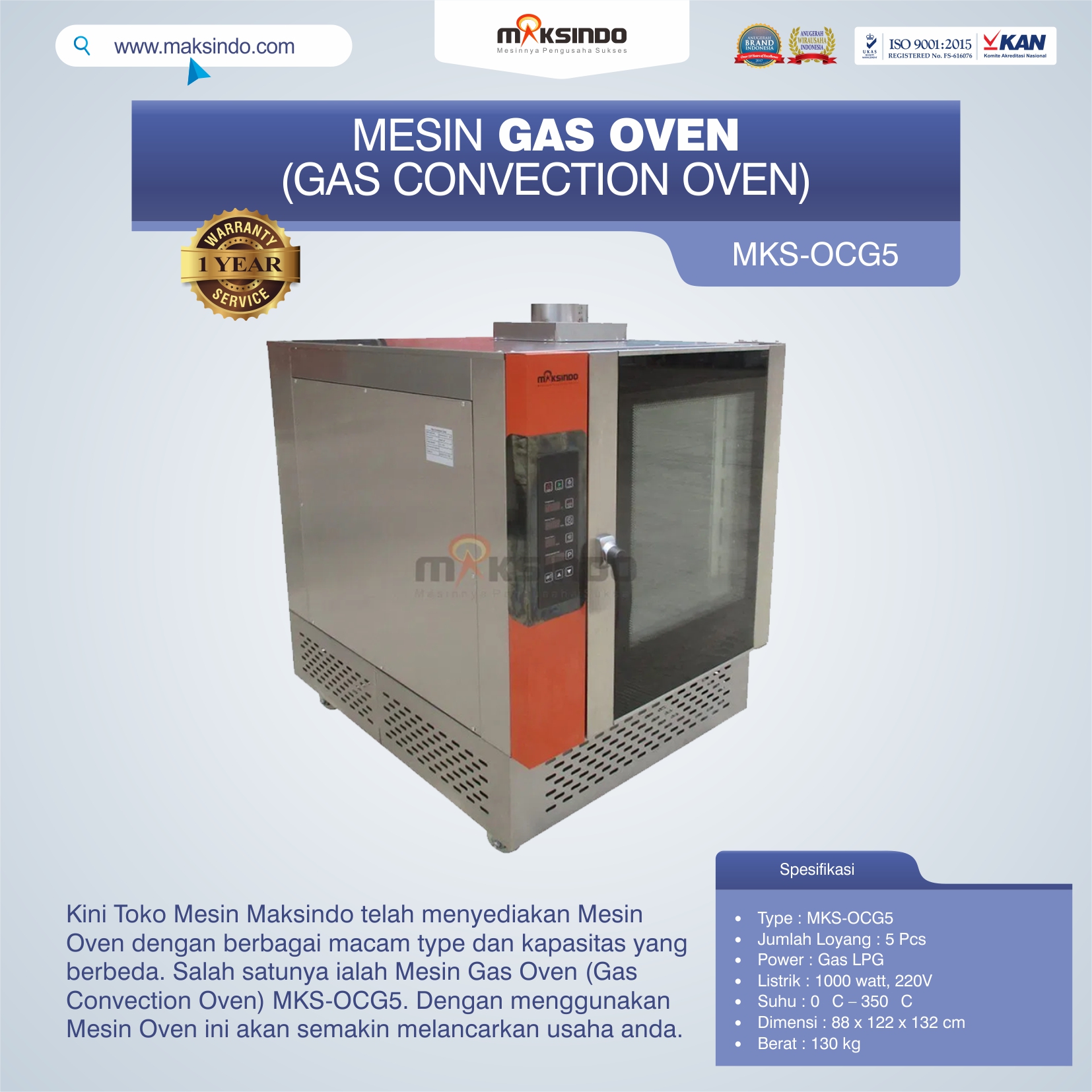 Jual Mesin Gas Oven (Gas Convection Oven) MKS-OCG5 di Yogyakarta
